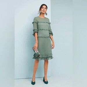 Ottod'Ame Anthropologie Womens Jace Ruffled Dress 3/4 Sleeve Sheer Green Size 46